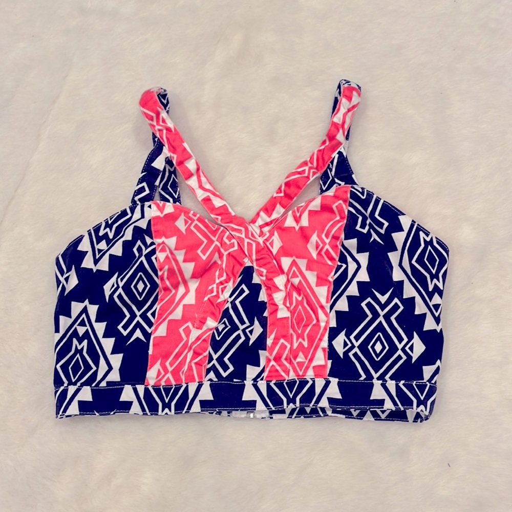 Tribal pattern navy blue, hot pink and white crop top